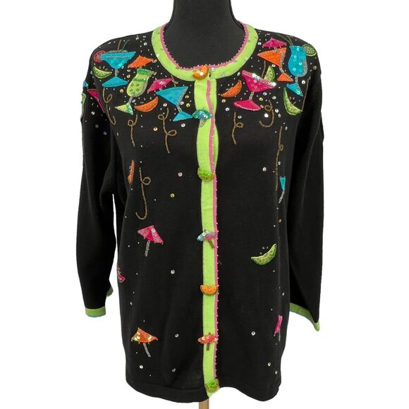 Just‎ B Bright Pattern Cardigan Beaded Sequin Mixed Drinks Fruit Sweater - Picture 1 of 7